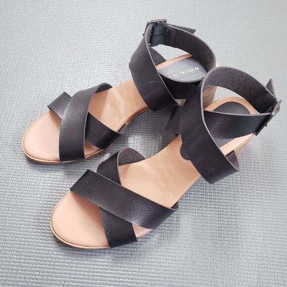 Rock & Candy Strappy Chunky Heeled Black Sandals Size 8 Ankle Strap Buckle - Picture 2 of 10